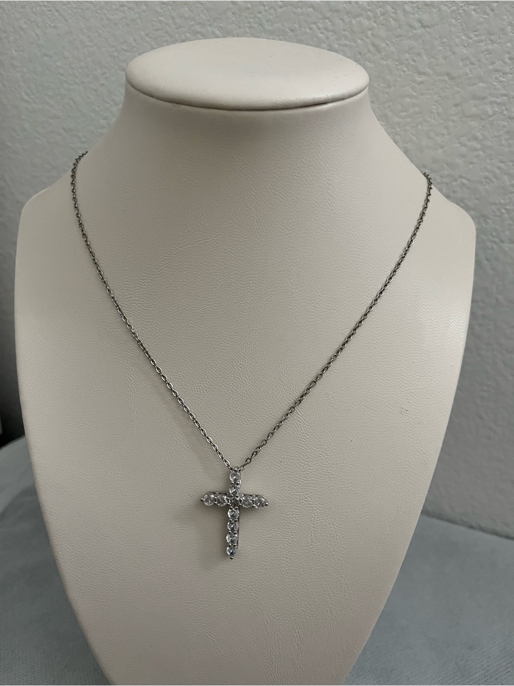 Silver Cross Pendant Necklace with Clear Stones